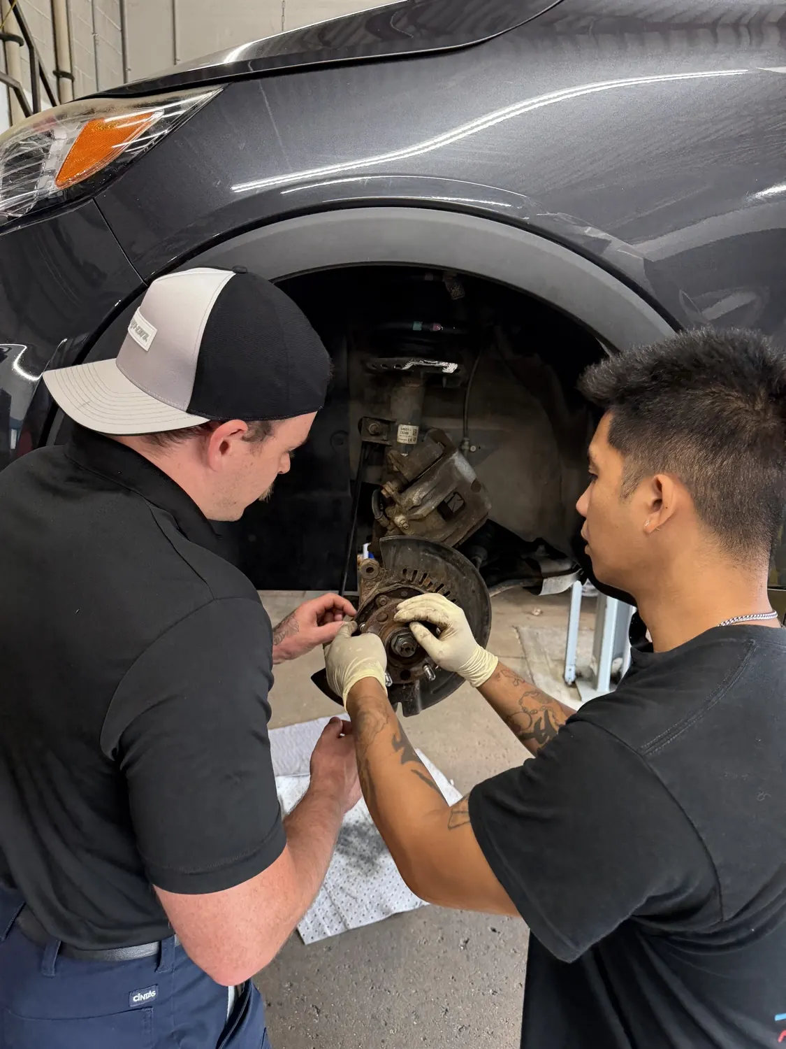 Brake rotor and hub exposed during brake service at KRP Automotive Repair in Clifton, NJ