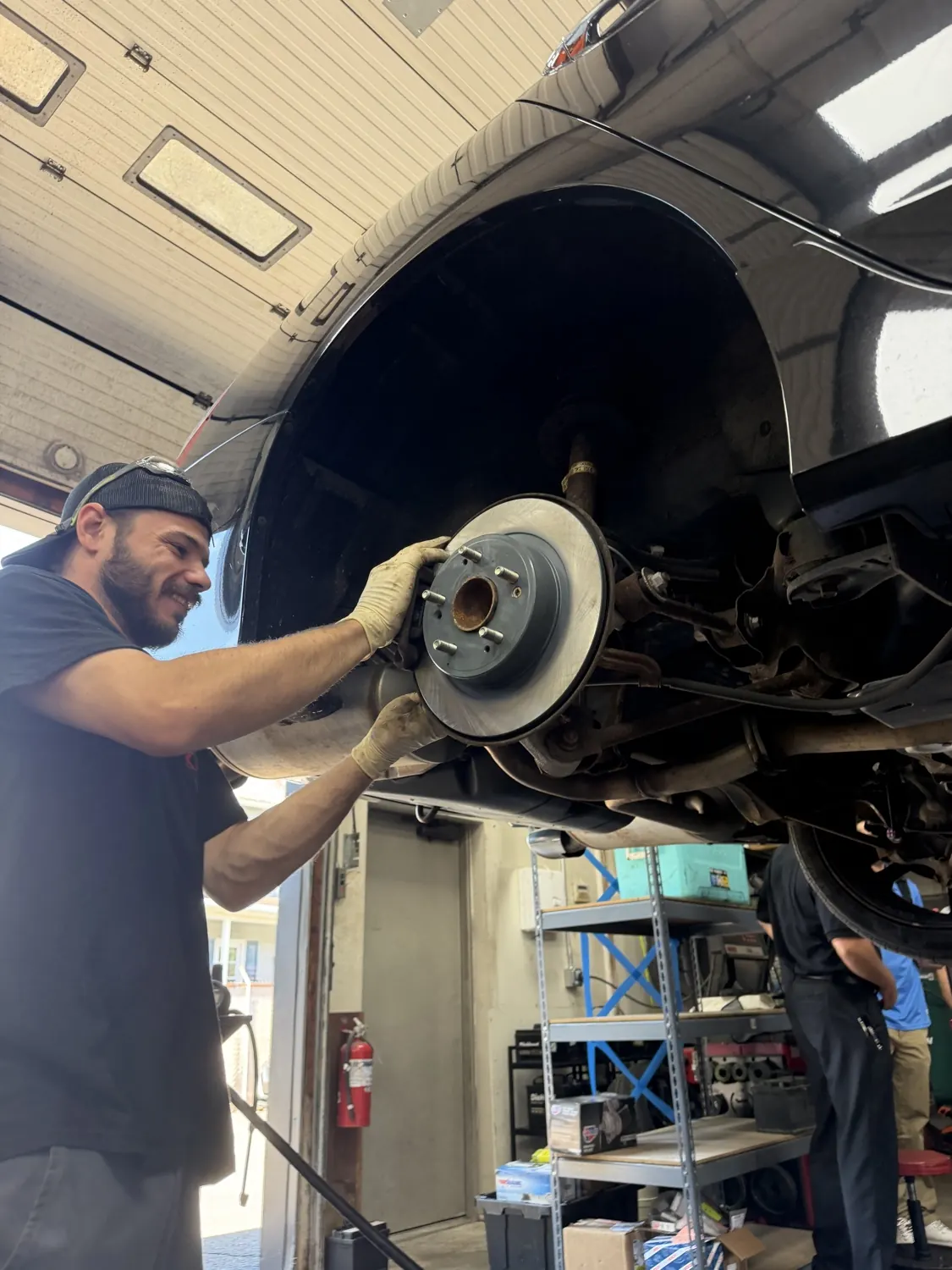 Brake rotor and hub exposed during brake service at KRP Automotive Repair in Newton, NJ